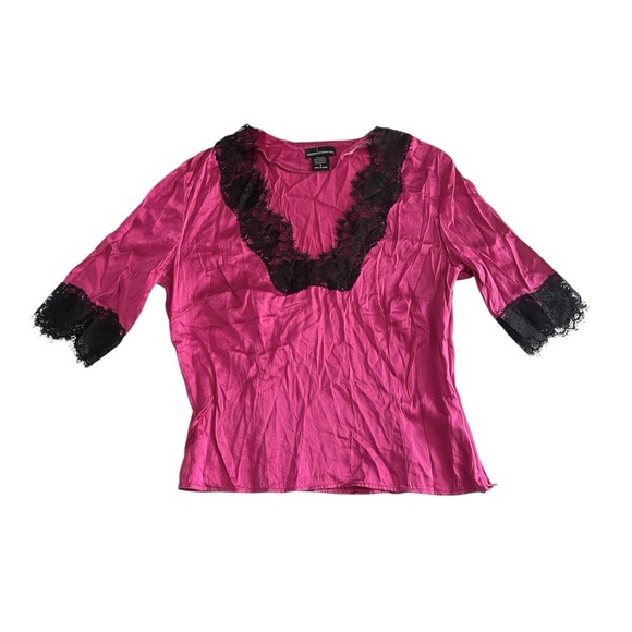 Vintage Moda International Y2k Pink Silk Stretch Lace Trim Babydoll Coquette Top - Picture 8 of 12
